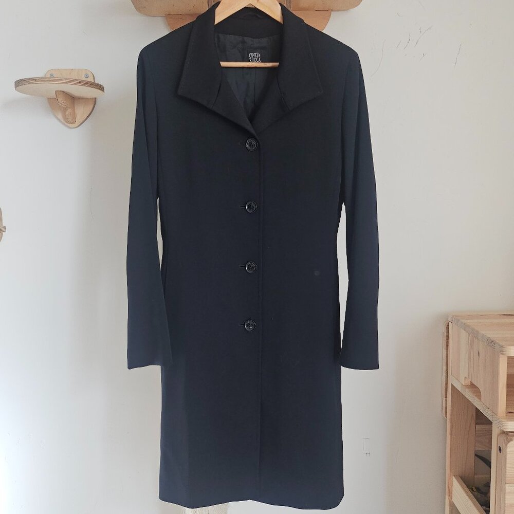 Italian Virgin Wool Black Long Coat, Made in Italy, Cinzia Rocca, Size 8